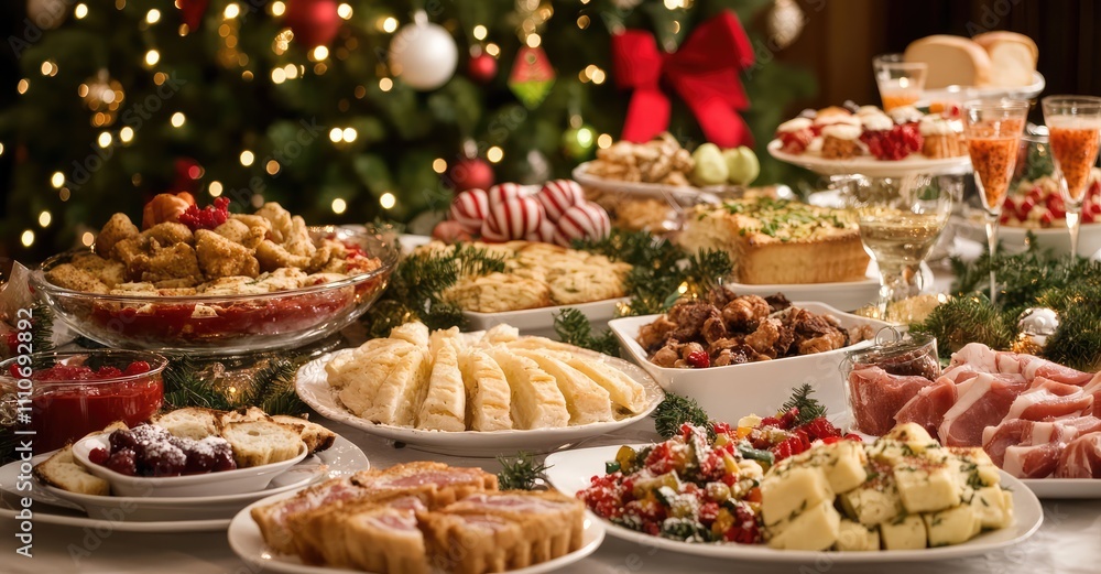 Fototapeta premium Christmas Dinner Table with Festive Dishes. AI generated illustration.