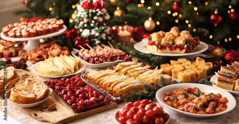 Christmas Dinner Table with Festive Dishes. AI generated illustration. Christmas Dinner Table with Festive Dishes. AI generated illustration.