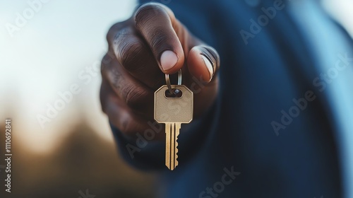 Real estate agent holding keys out to client in front of new home, midday lighting, sideangle, capturing a joyful handover moment photo