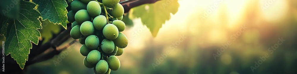 Close-up of vibrant green grapes hanging from a vine in soft golden sunlight. Close-up of vibrant green grapes hanging from a vine in soft golden sunlight.