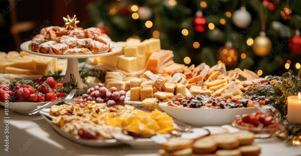 Fototapeta premium Christmas Dinner Table with Festive Dishes. AI generated illustration.