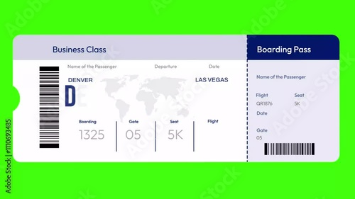 Denver To Las Vegas traveling concept 4k animation in ticket style with airplane