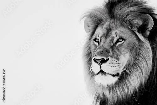 Studio photo of a lion isolated against a white background. Wildlife and conservation concept, space for copy.