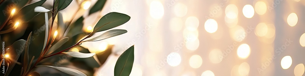 Obraz premium A close-up of green leaves adorned with warm, glowing lights on a softly blurred background.