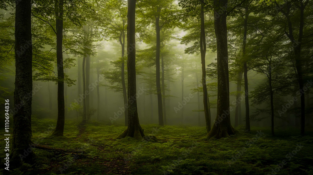 Misty forest with morning fog and ancient trees, creating a serene and atmospheric woodland scene Misty forest with morning fog and ancient trees, creating a serene and atmospheric woodland scene
