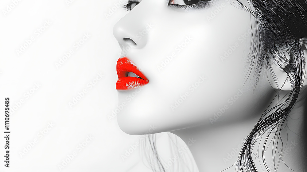 Stunning Closeup Portrait of a Woman with Vivid Red Lips Against a Monochrome Background, Beauty and Elegance in Black and White Photography Stunning Closeup Portrait of a Woman with Vivid Red Lips Against a Monochrome Background, Beauty and Elegance in Black and White Photography