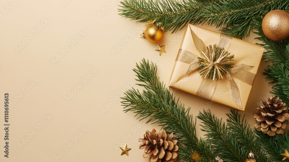 A beautifully wrapped gift surrounded by festive decorations and pine branches. A beautifully wrapped gift surrounded by festive decorations and pine branches.