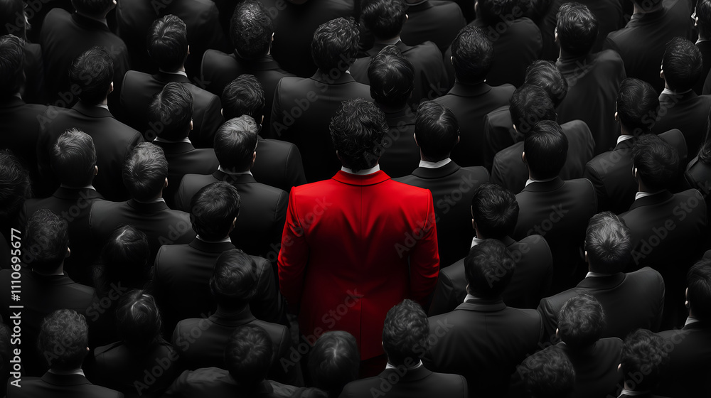 Obraz premium think different, man in a red suit stands out from the crowd of black suits. 