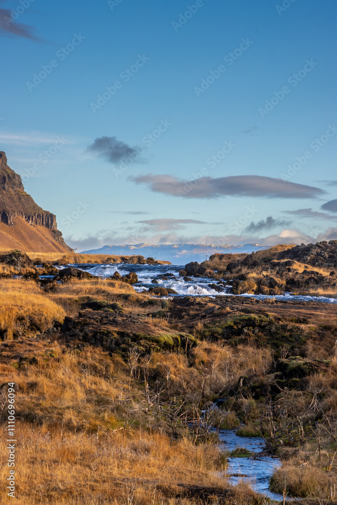 Fototapeta premium Mountain and waterfall Fossalar, south Iceland