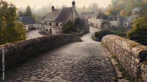 Fototapeta Naklejka Na Ścianę i Meble -  Medieval stone bridge leading into a small village with cobbled streets and historic houses.