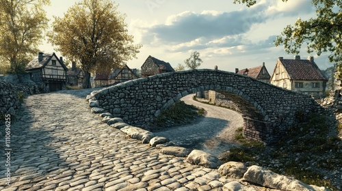 Fototapeta Naklejka Na Ścianę i Meble -  Medieval stone bridge leading into a small village with cobbled streets and historic houses.