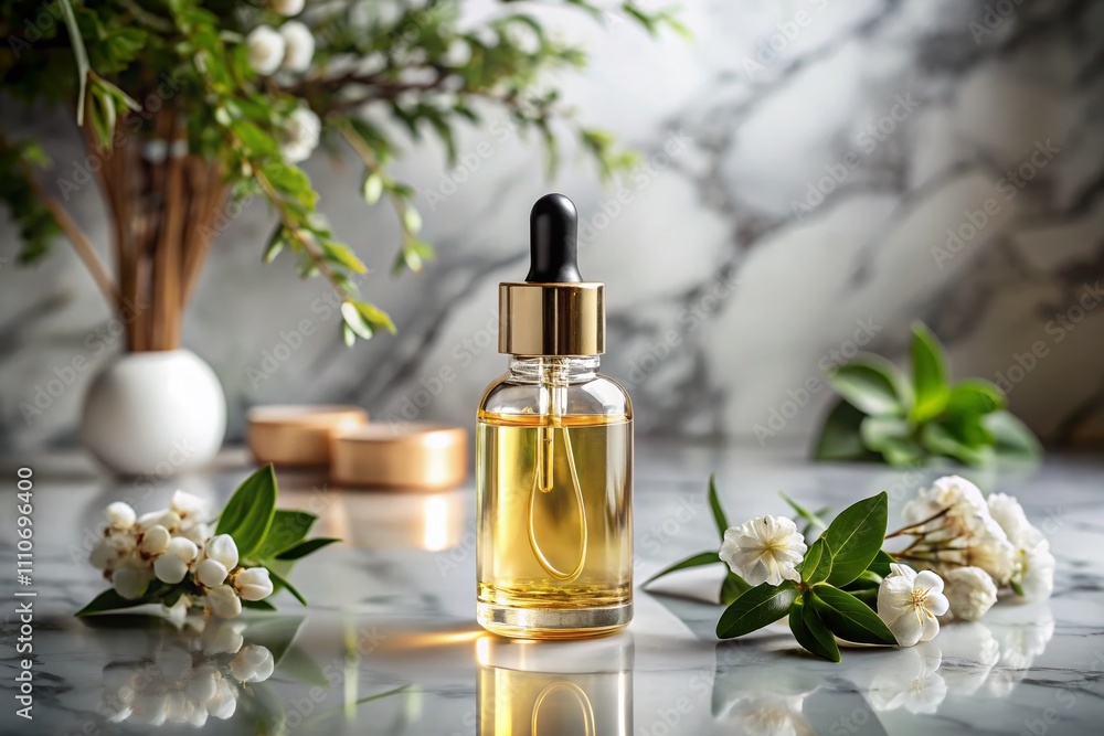Elegant Serum in Glass Bottle on Luxurious Marble Background, Showcasing Aromatherapy Oil for Natural Cosmetic Products and Wellness Lifestyle Imagery Elegant Serum in Glass Bottle on Luxurious Marble Background, Showcasing Aromatherapy Oil for Natural Cosmetic Products and Wellness Lifestyle Imagery