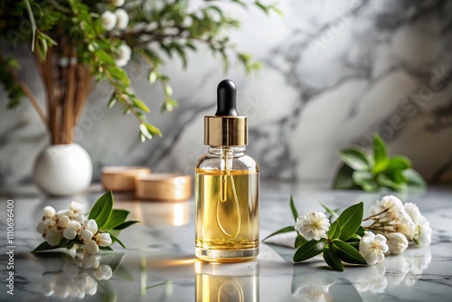 Elegant Serum in Glass Bottle on Luxurious Marble Background, Showcasing Aromatherapy Oil for Natural Cosmetic Products and Wellness Lifestyle Imagery