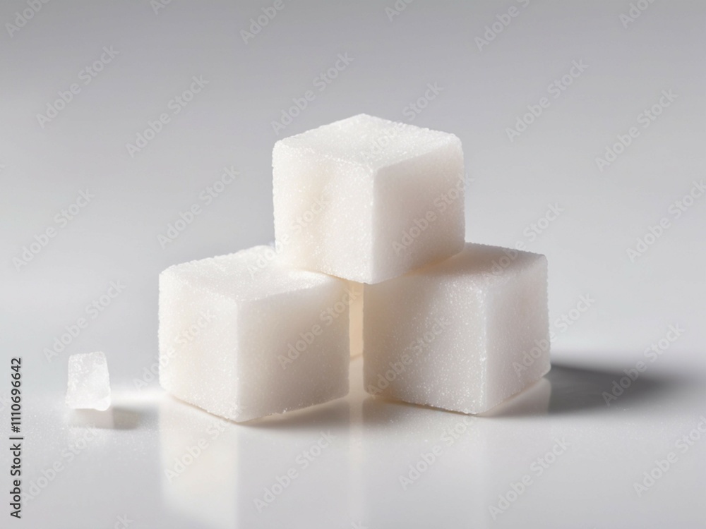 An up-close view of three white sugar cubes set against a white backdrop An up-close view of three white sugar cubes set against a white backdrop