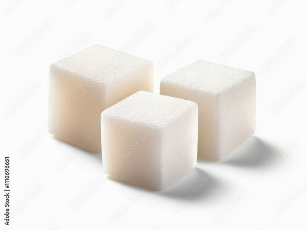 An up-close view of three white sugar cubes set against a white backdrop An up-close view of three white sugar cubes set against a white backdrop
