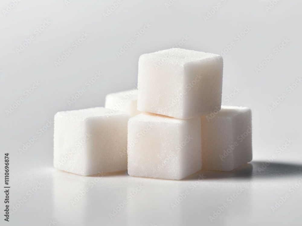 Close-up of three white sugar cubes isolated on a white backdrop. Close-up of three white sugar cubes isolated on a white backdrop.