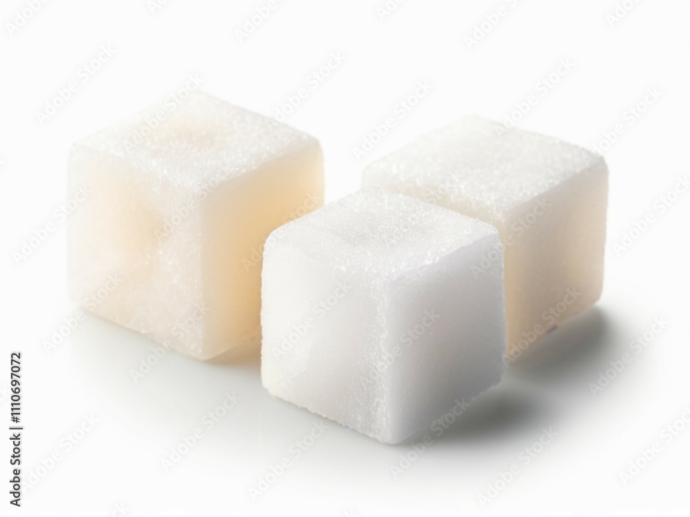 Close picture of three white sugar cubes isolated on white background Close picture of three white sugar cubes isolated on white background