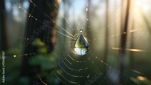 Dewdrop Adorning A Spiders Web In Sunlight