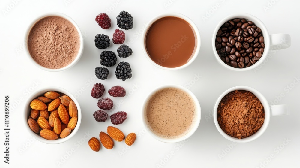 a gourmet hot chocolate setup with cocoa powder, almond butter, dried berries a gourmet hot chocolate setup with cocoa powder, almond butter, dried berries