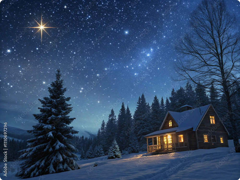 Cozy Cabin Under a Starry Winter Night Sky Cozy Cabin Under a Starry Winter Night Sky