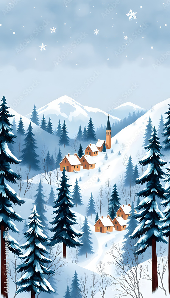 Fototapeta premium Watercolor seamless pattern. Village in the winter forest. Watercolor texture for fabric, wrapping, textile, wallpaper, apparel. Hand drawn illustration, minimalism