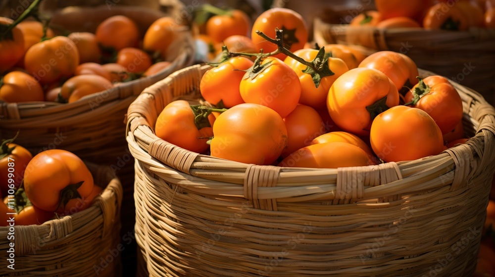 A photo of baskets of farm-fresh persimmons for sale. A photo of baskets of farm-fresh persimmons for sale.