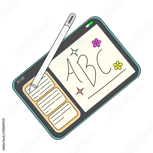 Digital Tablet with Stylus Pen and Handwritten ABC Letters, relevant to depict modern digital tools used for learning, creativity and productivity.