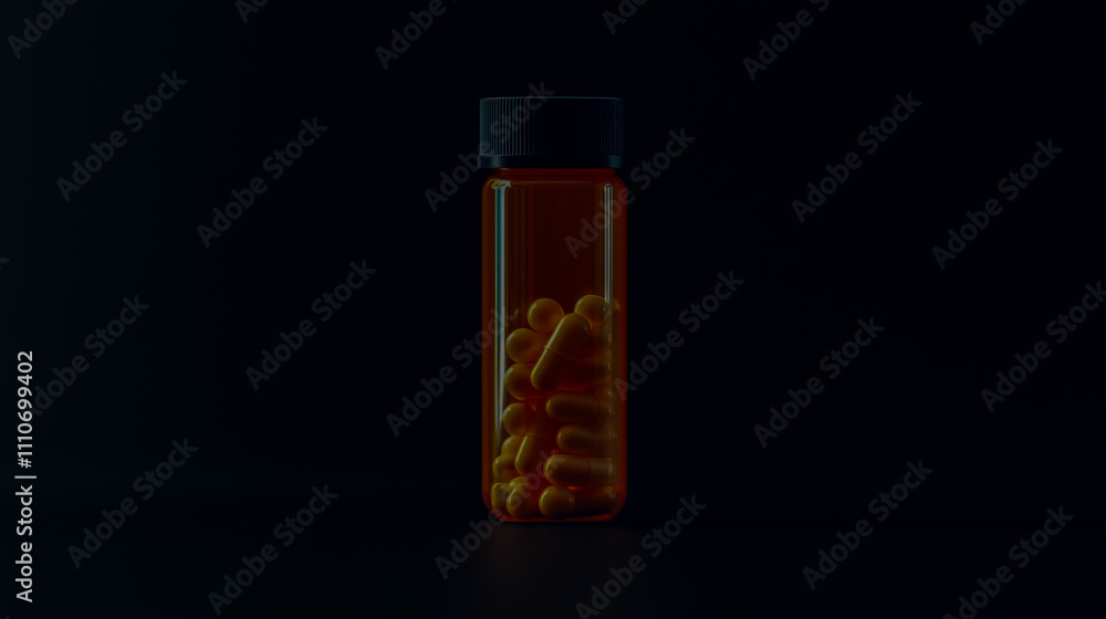 Orange pill bottle with pills on a black background, highlighting pharmaceutical or healthcare theme Orange pill bottle with pills on a black background, highlighting pharmaceutical or healthcare theme