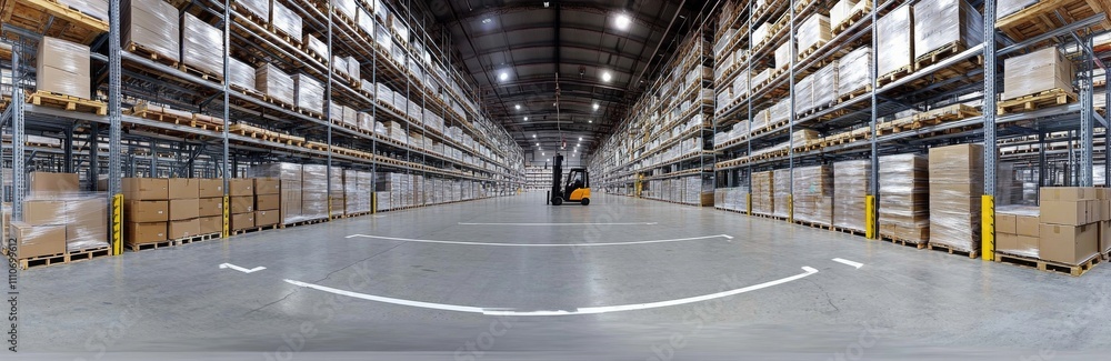 Panoramic view of a modern warehouse with high shelves, boxes, pallets, and forklift in an industrial setting. Panoramic view of a modern warehouse with high shelves, boxes, pallets, and forklift in an industrial setting.