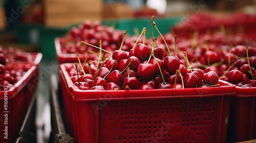 A photo of bins of freshly harvested cherries
