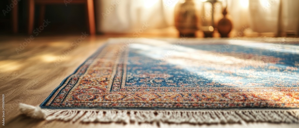 A close-up of a decorative blue rug with intricate patterns on a wooden floor. A close-up of a decorative blue rug with intricate patterns on a wooden floor.