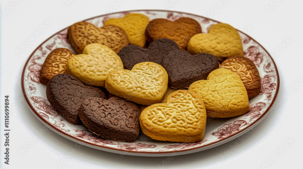 Overhead view of heart-shaped delicious cookies arranged on a plate, isolated on a white background Overhead view of heart-shaped delicious cookies arranged on a plate, isolated on a white background