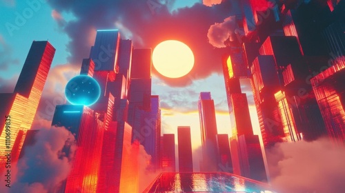 Exploring a Futuristic Cityscape with Glowing Skyscrapers and a Vibrant Sunset