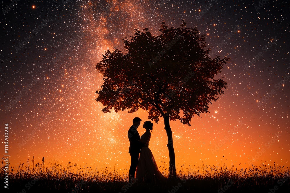 Romantic Silhouette Under Starry Night Romantic Silhouette Under Starry Night