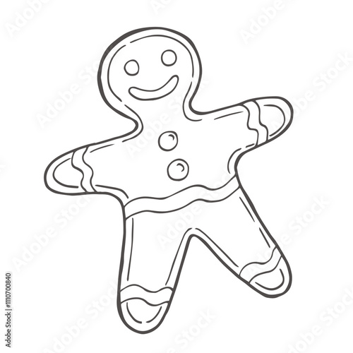 Gingerbread man cookies hand drawn illustration with black lines, isolated on white background. Doodle Ginger bread coloring book page. Decorative vector element for Christmas, New Year design.