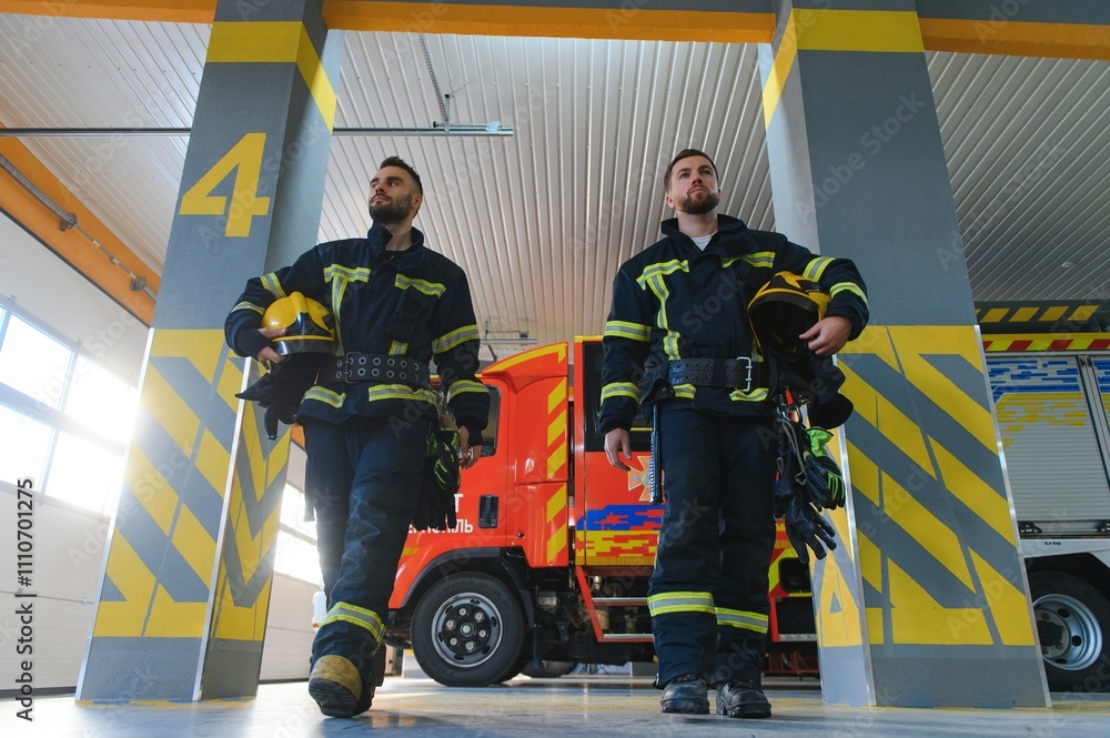 Portrait of two young firemen in uniform standing inside the fire station Portrait of two young firemen in uniform standing inside the fire station