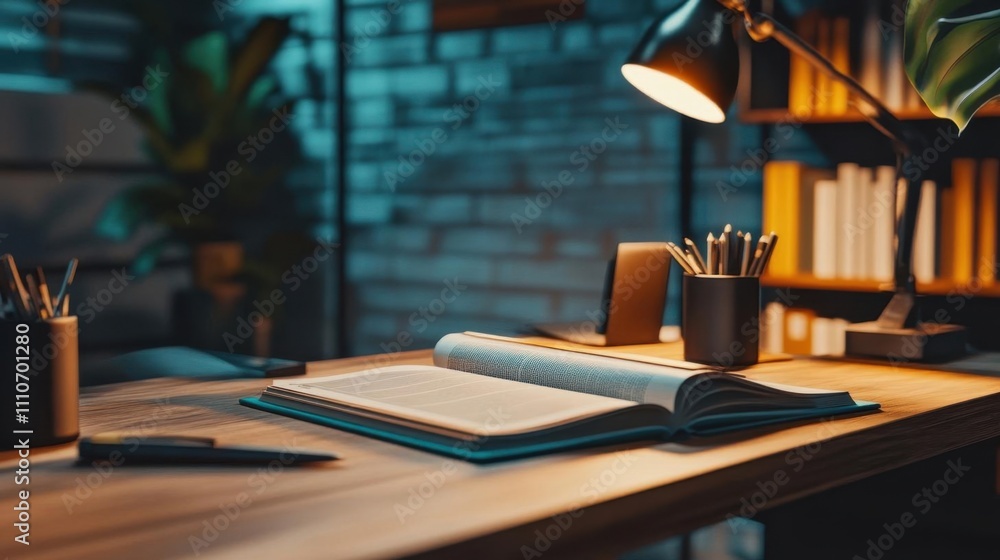 The Open Book on a Desk with a Lamp Shining on It in the Evening The Open Book on a Desk with a Lamp Shining on It in the Evening