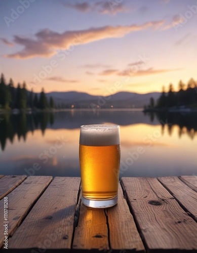 A glass of beer is placed on the edge of a wooden dock overlooking a serene lake at dusk , lake, water, glass