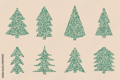 Trendy Christmas tree with stipple dots. Textured green fir elements collection