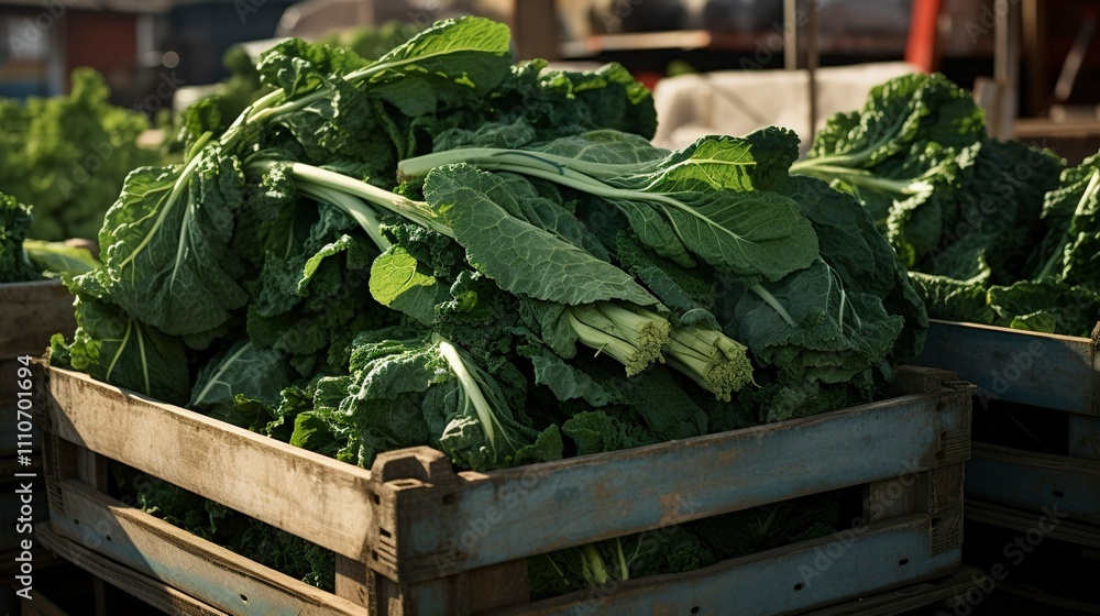 A photo of crates of farm-fresh collard greens A photo of crates of farm-fresh collard greens