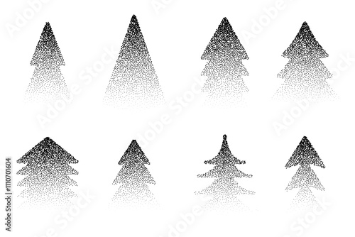 Beautiful fir tree made of dots. Stipple halftone vector illustration of Christmas trees. New year design elements collection