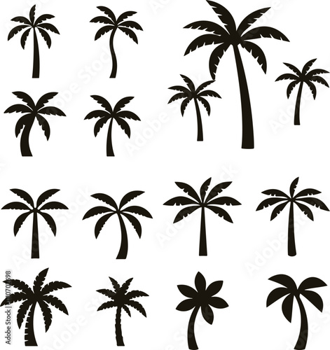 palm trees set and Black palm trees set isolated on white background.