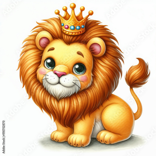 Cute lion character with a fluffy mane, playful expression, and cartoonish features designed for children's illustrations or merchandise photo