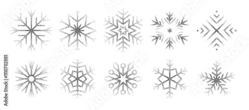 Trendy vintage stipple dots snowflakes collection. Cute dotted snow ice shapes set. Fading gradient Christmas or New Year Holiday symbols 