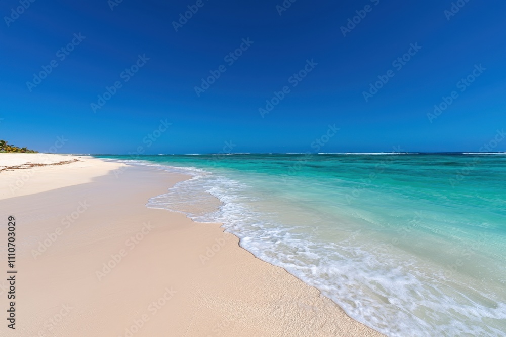 Vacation spot concept with sandy beach and relaxing wave. Beautiful beach with turquoise waters and clear blue sky Vacation spot concept with sandy beach and relaxing wave. Beautiful beach with turquoise waters and clear blue sky