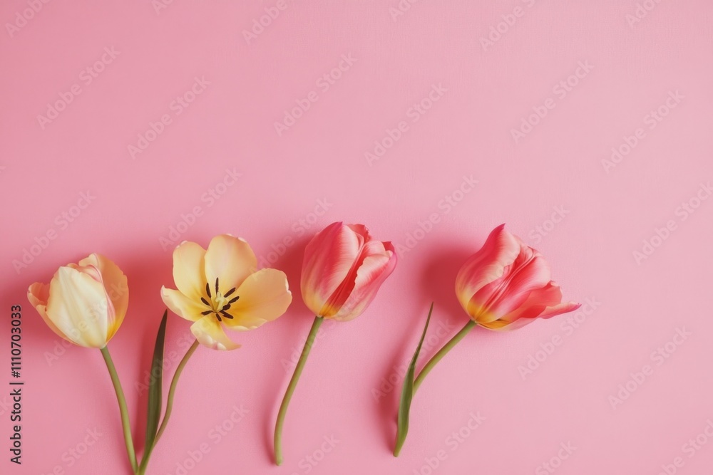 Pink tulips on a pink background in a minimalist flat lay style, banner layout with ample copy space for text. Pink tulips on a pink background in a minimalist flat lay style, banner layout with ample copy space for text.