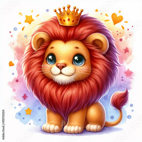 Cute lion character with a fluffy mane, playful expression, and cartoonish features designed for children's illustrations or merchandise photo