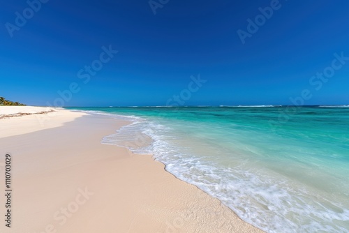 Vacation spot concept with sandy beach and relaxing wave. Beautiful beach with turquoise waters and clear blue sky