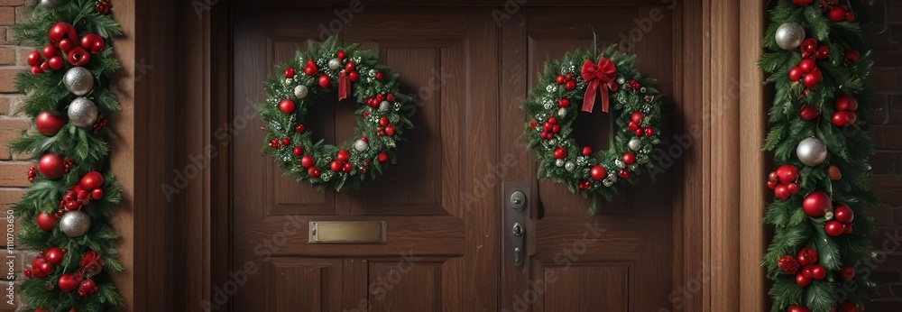 A beautifully decorated wooden door with a stunning festive Christmas wreath made from felt ornaments , colorful, lights A beautifully decorated wooden door with a stunning festive Christmas wreath made from felt ornaments , colorful, lights