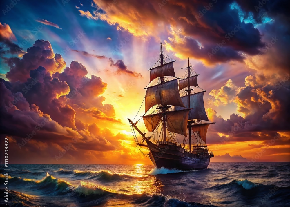 Obraz premium Enormous Pirate Ship Sailing Through the Mysterious Sea at Dusk, Ideal for Fantasy Concepts, Video Game Backgrounds, and Serious Book Illustrations in Digital Art Style